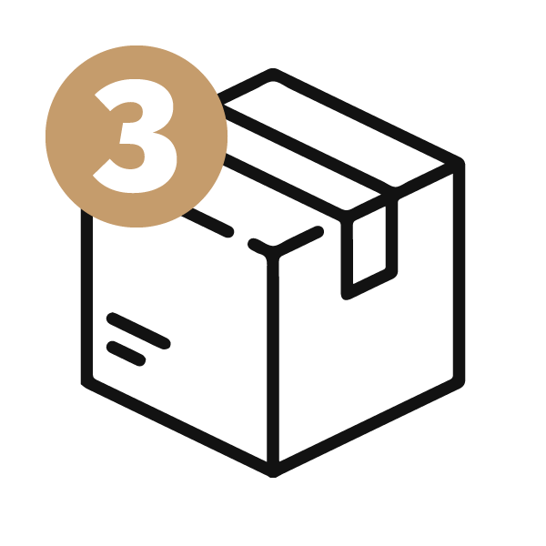 Step 3: Shipping, depicted by an icon of a shipment box